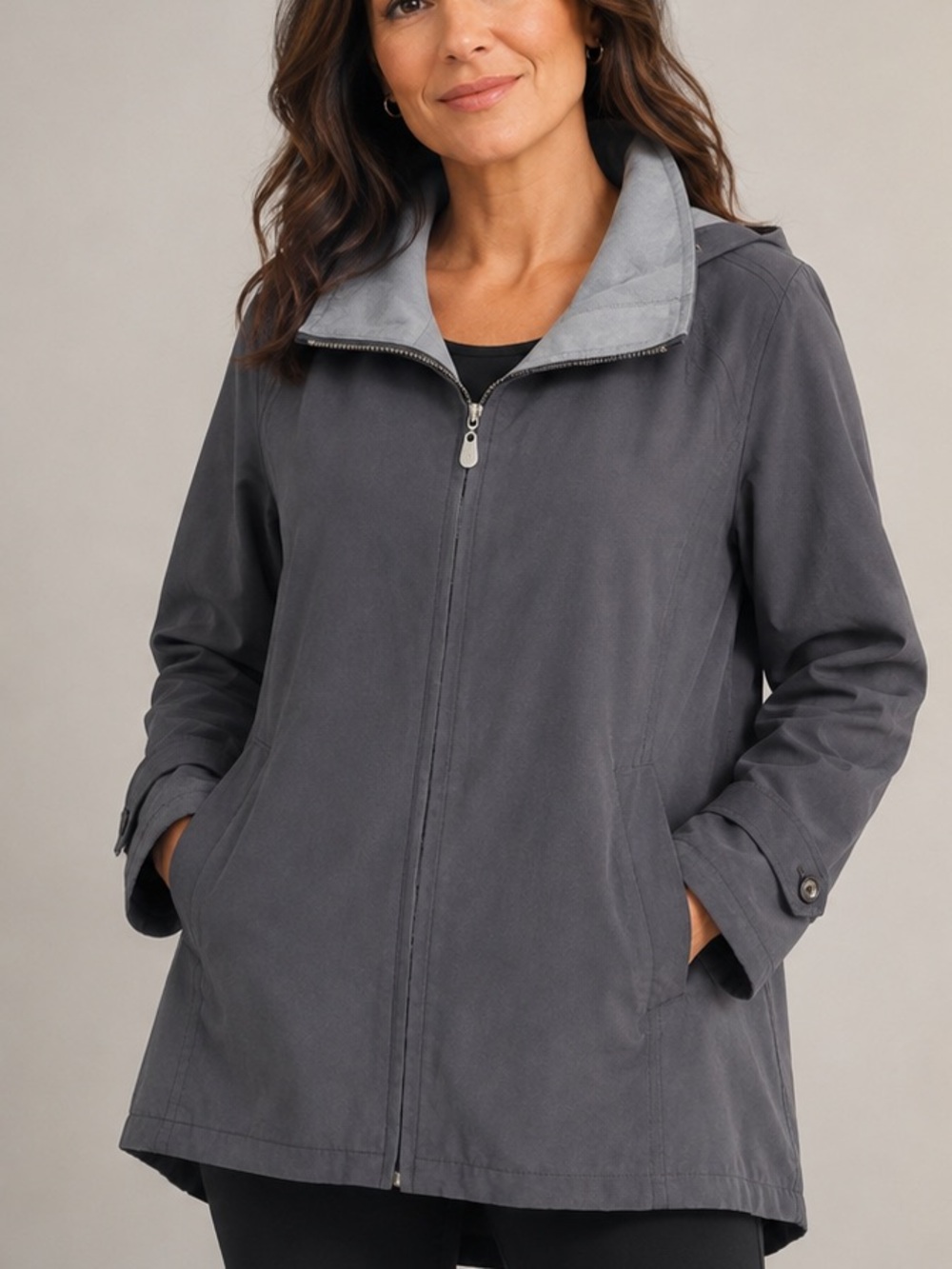 London Fog Gray Zip-Front Trench Coat with Contrast Collar